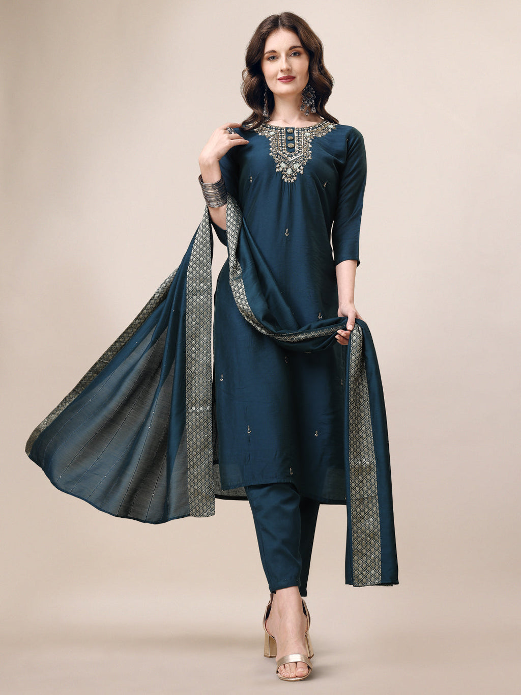 Hand Embroidered Button Embellished Kurta With Pant And Sequined Dupatta, Multicolor - Hiral Fashion - Distacart