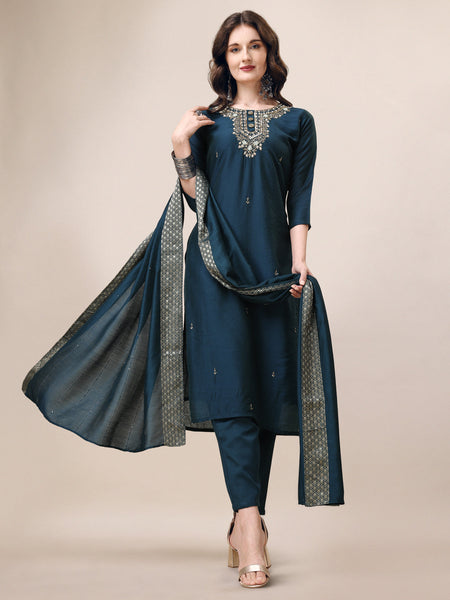 Hand Embroidered Button Embellished Kurta With Pant And Sequined Dupatta, Multicolor - Hiral Fashion