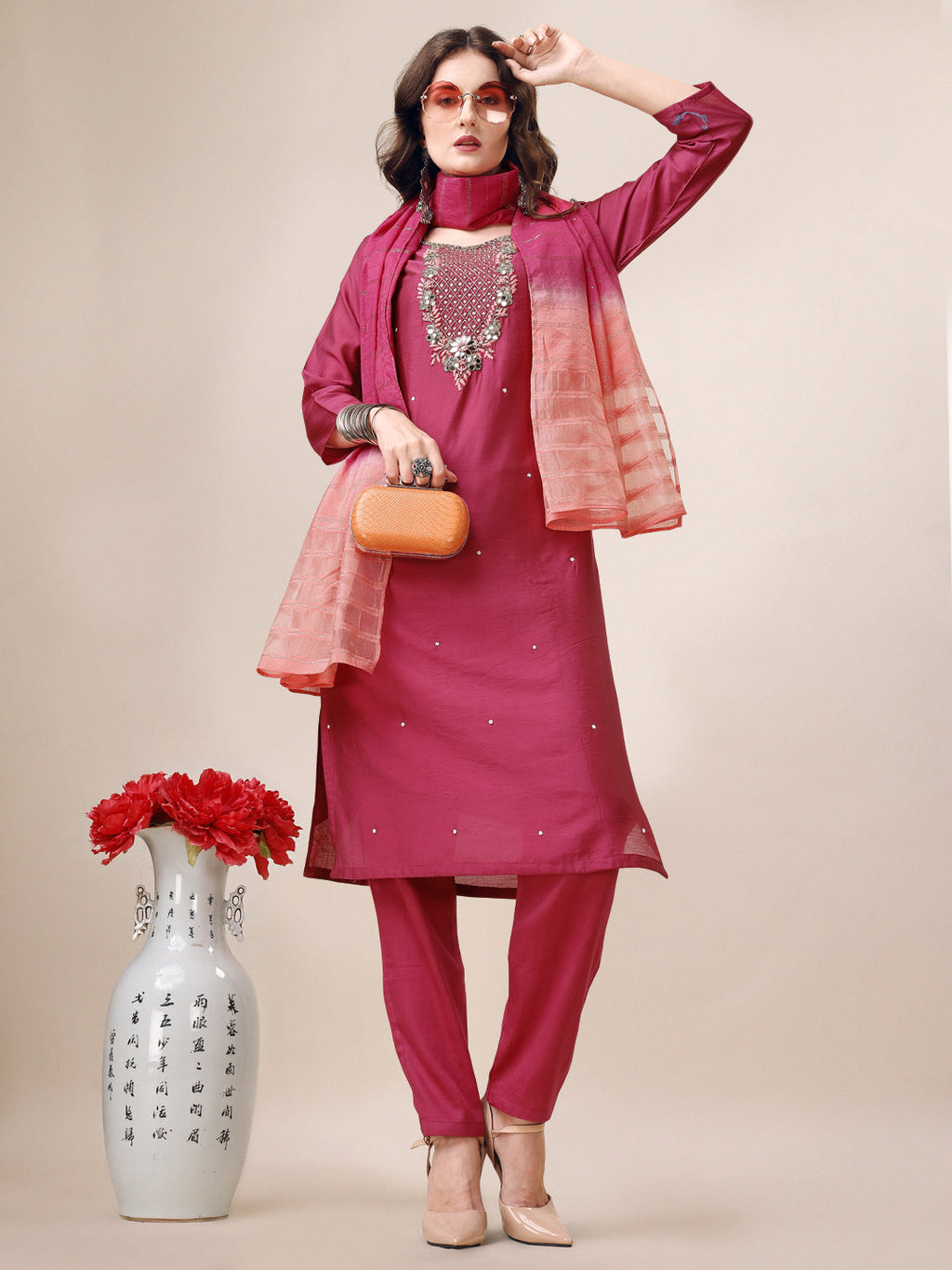 Hand Embroidered Mirror Detailed Kurta With Pant & Dupatta, Multicolor - Hiral Fashion - Distacart