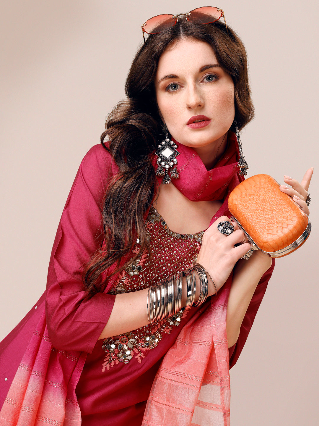 Hand Embroidered Mirror Detailed Kurta With Pant & Dupatta, Multicolor - Hiral Fashion - Distacart