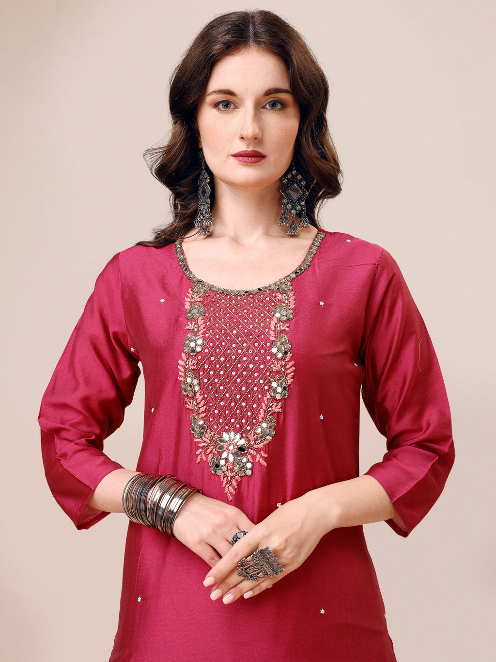 Hand Embroidered Mirror Detailed Kurta With Pant & Dupatta, Multicolor - Hiral Fashion - Distacart