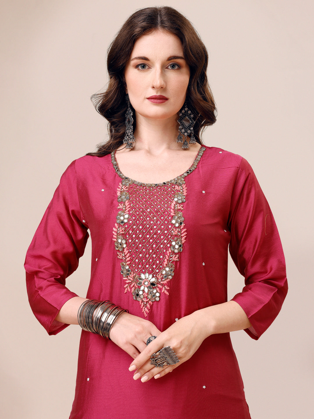 Hand Embroidered Mirror Detailed Kurta With Pant & Dupatta, Multicolor - Hiral Fashion - Distacart