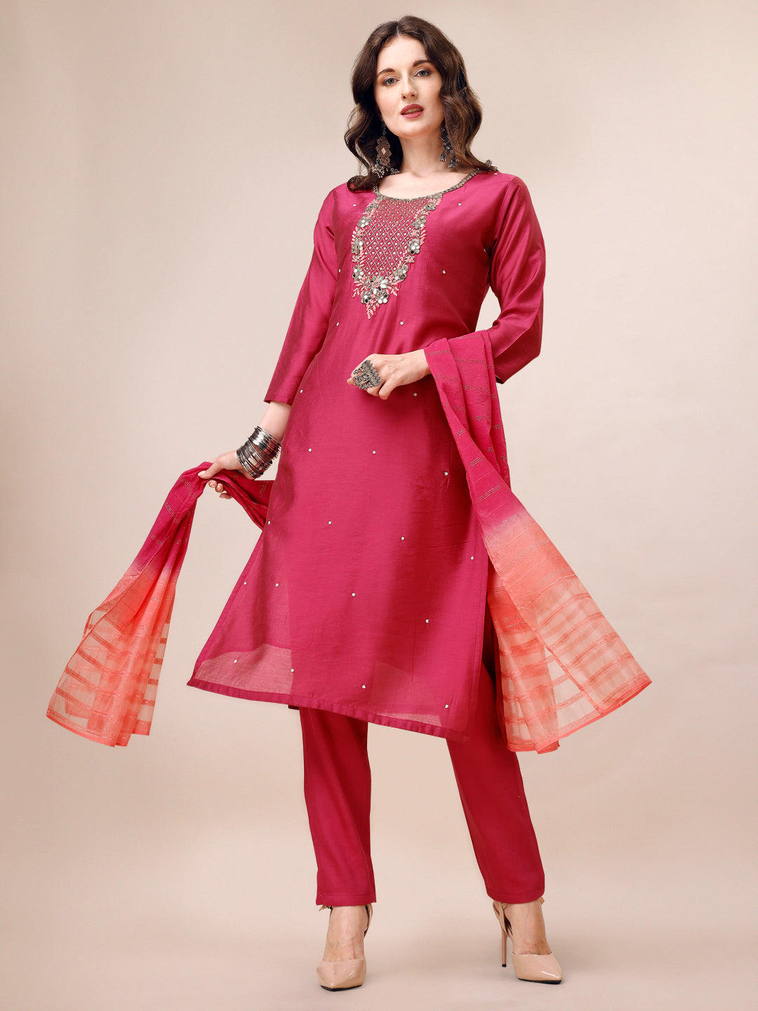 Hand Embroidered Mirror Detailed Kurta With Pant & Dupatta, Multicolor - Hiral Fashion - Distacart