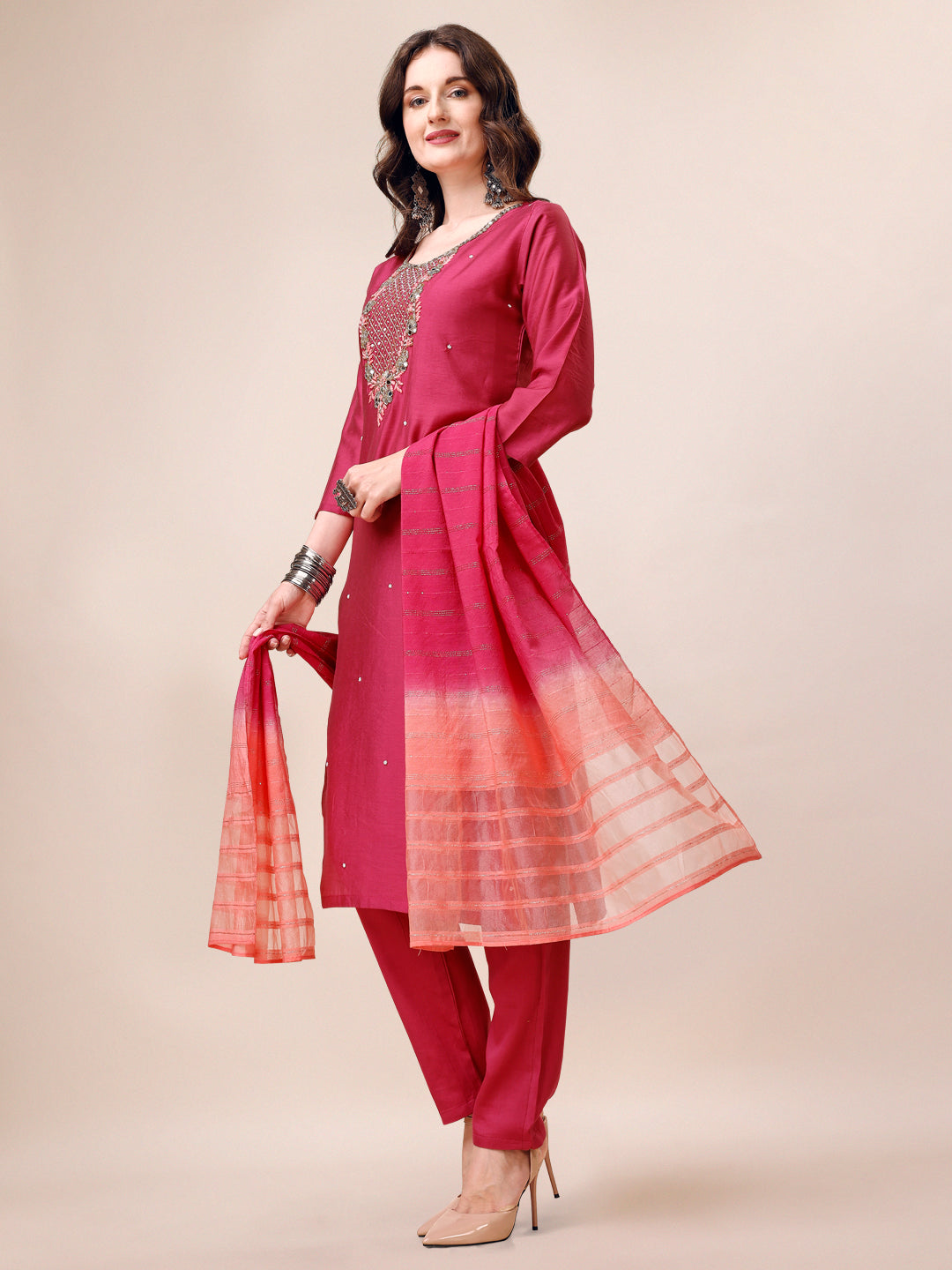 Hand Embroidered Mirror Detailed Kurta With Pant & Dupatta, Multicolor - Hiral Fashion - Distacart