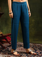 Hem & Yoke Embroidered Kurta With Pant & Lace Taping Net Dupatta, Blue - Hiral Fashion - Distacart