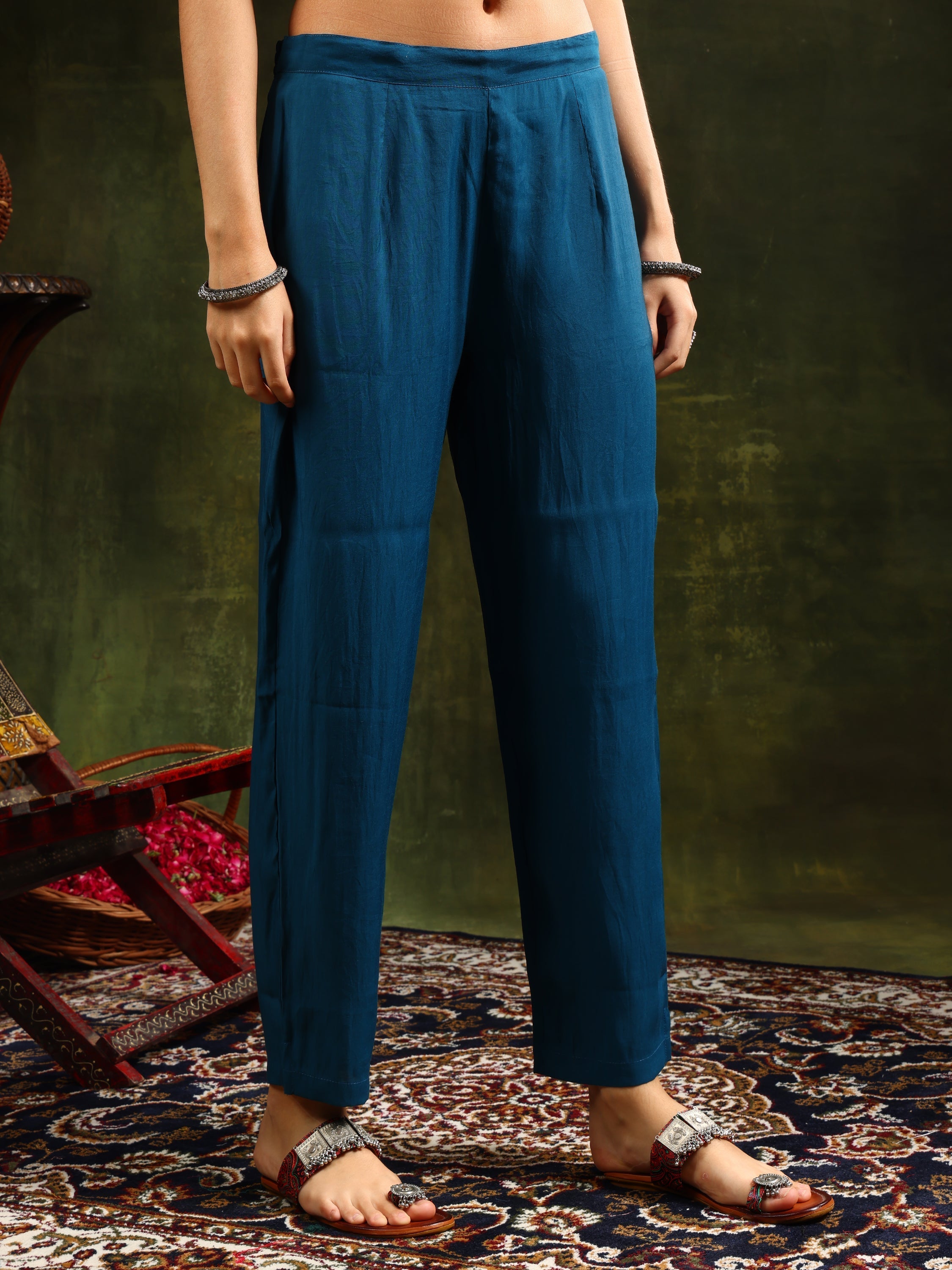 Hem & Yoke Embroidered Kurta With Pant & Lace Taping Net Dupatta, Blue - Hiral Fashion - Distacart