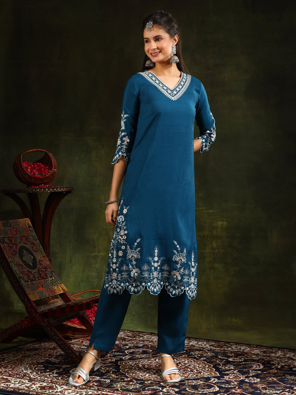 Hem & Yoke Embroidered Kurta With Pant & Lace Taping Net Dupatta, Blue - Hiral Fashion - Distacart