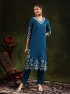 Hem & Yoke Embroidered Kurta With Pant & Lace Taping Net Dupatta, Blue - Hiral Fashion - Distacart