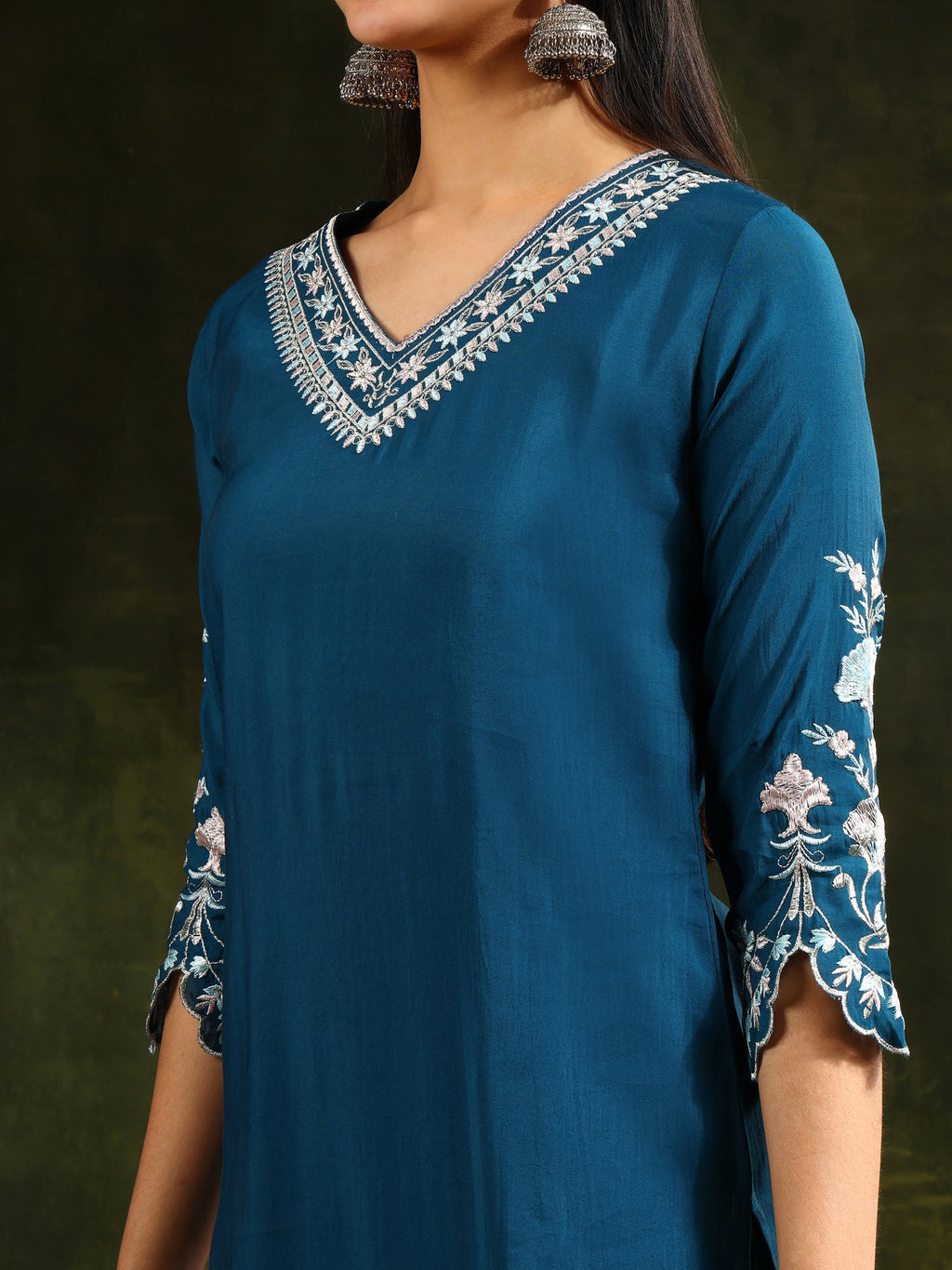 Hem & Yoke Embroidered Kurta With Pant & Lace Taping Net Dupatta, Blue - Hiral Fashion - Distacart