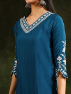 Hem & Yoke Embroidered Kurta With Pant & Lace Taping Net Dupatta, Blue - Hiral Fashion - Distacart