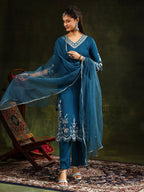 Hem & Yoke Embroidered Kurta With Pant & Lace Taping Net Dupatta, Blue - Hiral Fashion - Distacart