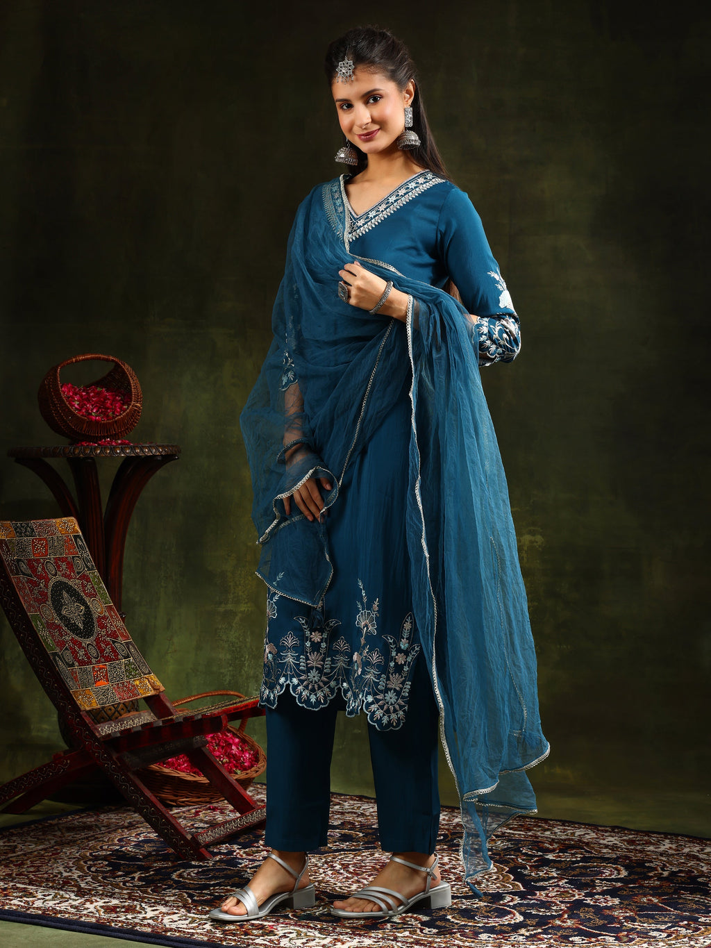 Hem & Yoke Embroidered Kurta With Pant & Lace Taping Net Dupatta, Blue - Hiral Fashion - Distacart