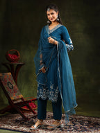 Hem & Yoke Embroidered Kurta With Pant & Lace Taping Net Dupatta, Blue - Hiral Fashion - Distacart