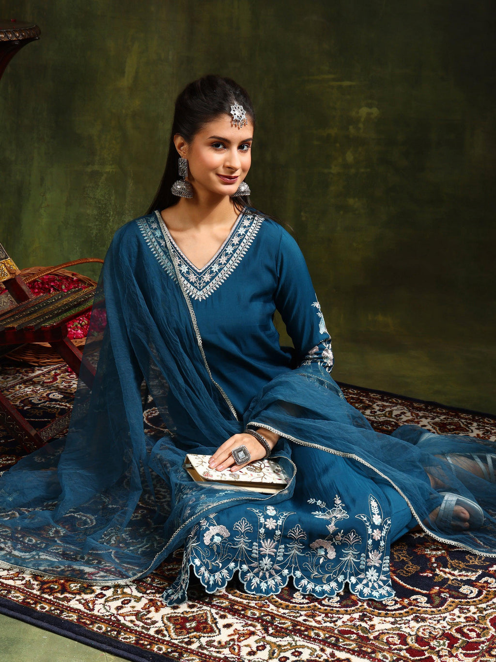 Hem & Yoke Embroidered Kurta With Pant & Lace Taping Net Dupatta, Blue - Hiral Fashion - Distacart