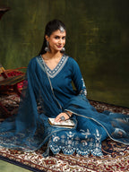 Hem & Yoke Embroidered Kurta With Pant & Lace Taping Net Dupatta, Blue - Hiral Fashion - Distacart