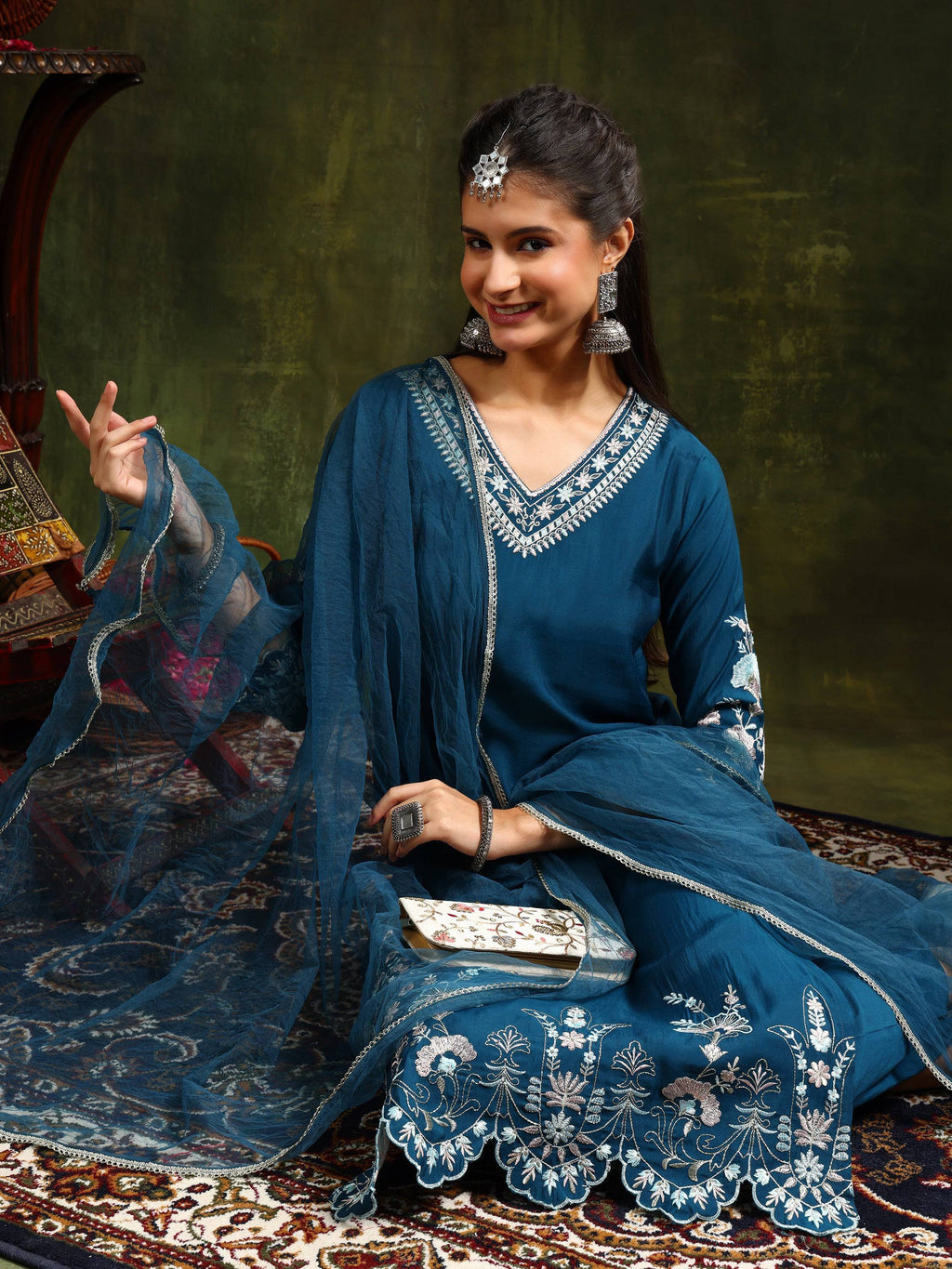 Hem & Yoke Embroidered Kurta With Pant & Lace Taping Net Dupatta, Blue - Hiral Fashion - Distacart