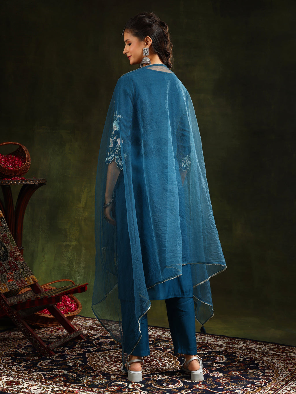 Hem & Yoke Embroidered Kurta With Pant & Lace Taping Net Dupatta, Blue - Hiral Fashion - Distacart