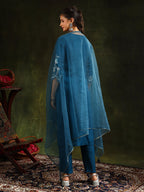 Hem & Yoke Embroidered Kurta With Pant & Lace Taping Net Dupatta, Blue - Hiral Fashion - Distacart
