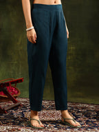 Hem & Yoke Embroidered Kurta With Pant & Lace Taping Net Dupatta, Teal - Hiral Fashion - Distacart