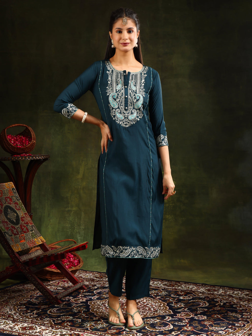 Hem & Yoke Embroidered Kurta With Pant & Lace Taping Net Dupatta, Teal - Hiral Fashion - Distacart