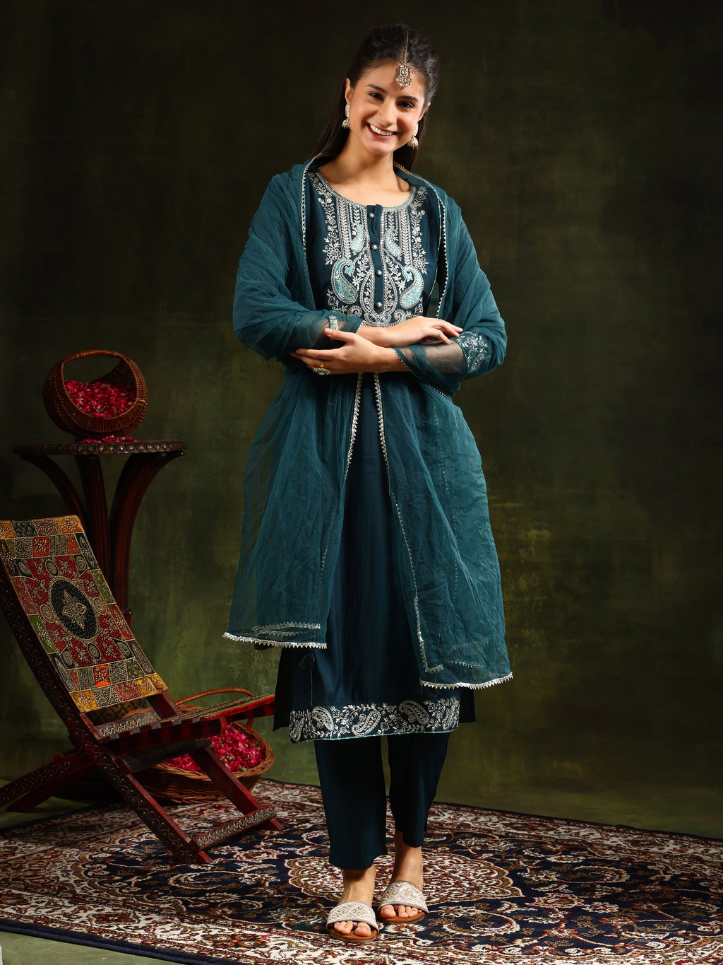 Hem & Yoke Embroidered Kurta With Pant & Lace Taping Net Dupatta, Teal - Hiral Fashion - Distacart