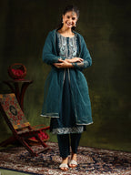 Hem & Yoke Embroidered Kurta With Pant & Lace Taping Net Dupatta, Teal - Hiral Fashion - Distacart