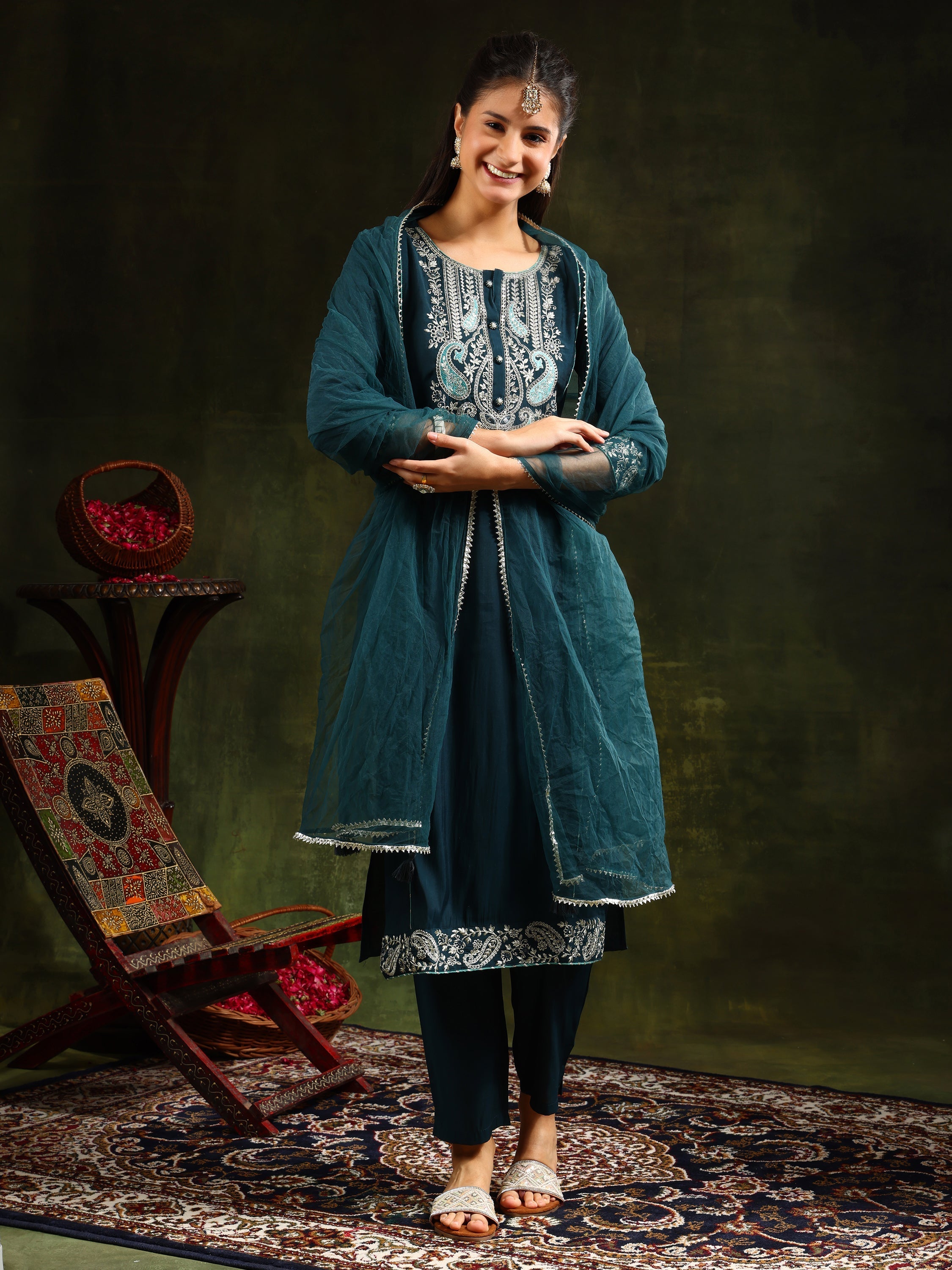 Hem & Yoke Embroidered Kurta With Pant & Lace Taping Net Dupatta, Teal - Hiral Fashion - Distacart