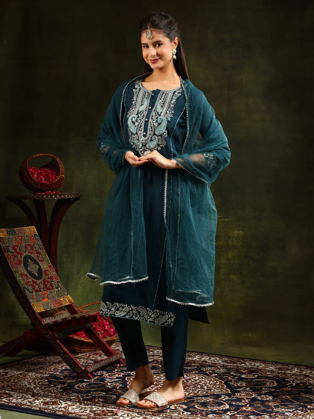 Hem & Yoke Embroidered Kurta With Pant & Lace Taping Net Dupatta, Teal - Hiral Fashion - Distacart