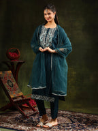 Hem & Yoke Embroidered Kurta With Pant & Lace Taping Net Dupatta, Teal - Hiral Fashion - Distacart
