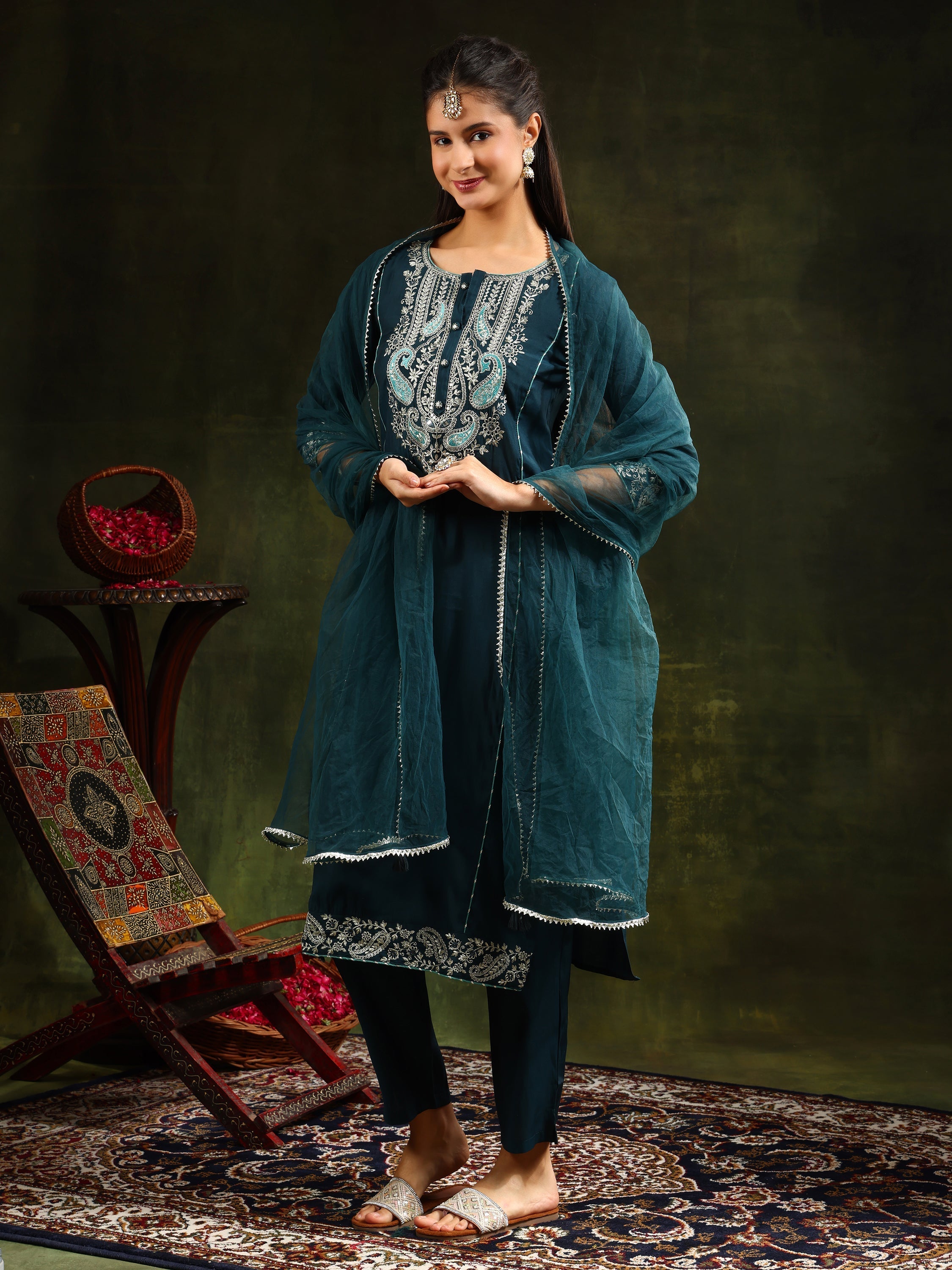 Hem & Yoke Embroidered Kurta With Pant & Lace Taping Net Dupatta, Teal - Hiral Fashion - Distacart