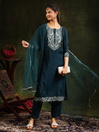 Hem & Yoke Embroidered Kurta With Pant & Lace Taping Net Dupatta, Teal - Hiral Fashion - Distacart