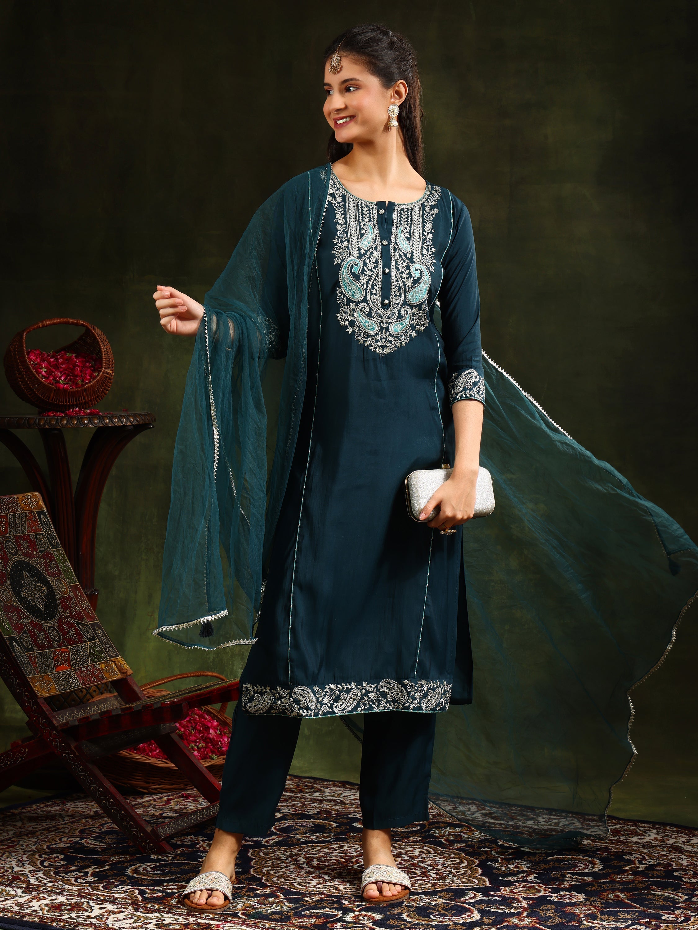 Hem & Yoke Embroidered Kurta With Pant & Lace Taping Net Dupatta, Teal - Hiral Fashion - Distacart