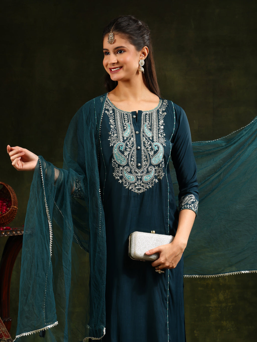 Hem & Yoke Embroidered Kurta With Pant & Lace Taping Net Dupatta, Teal - Hiral Fashion - Distacart