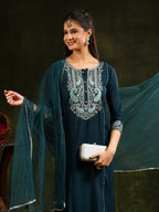 Hem & Yoke Embroidered Kurta With Pant & Lace Taping Net Dupatta, Teal - Hiral Fashion - Distacart