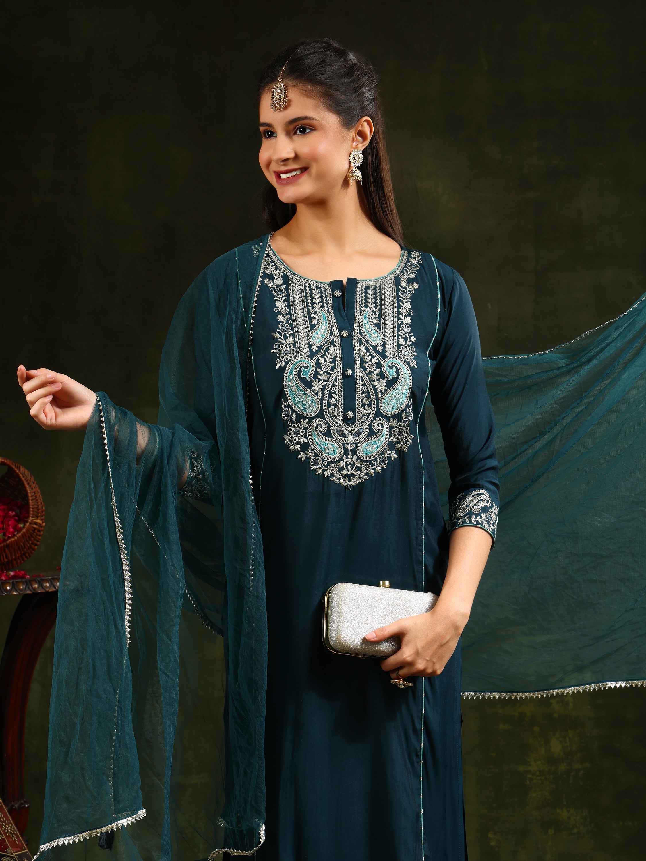 Hem & Yoke Embroidered Kurta With Pant & Lace Taping Net Dupatta, Teal - Hiral Fashion - Distacart