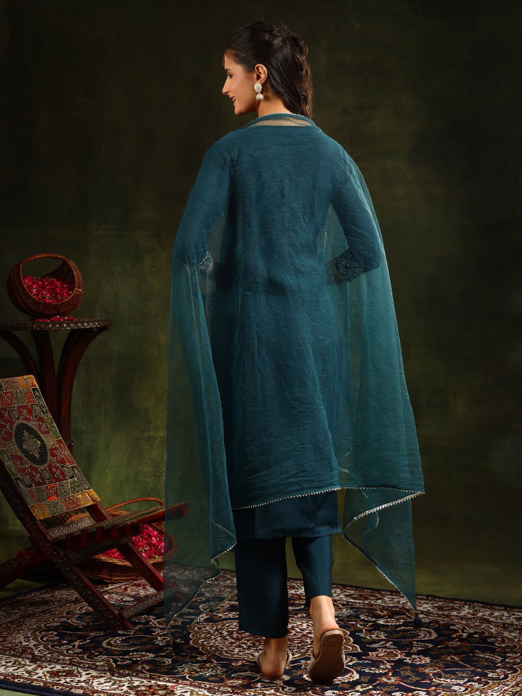Hem & Yoke Embroidered Kurta With Pant & Lace Taping Net Dupatta, Teal - Hiral Fashion - Distacart