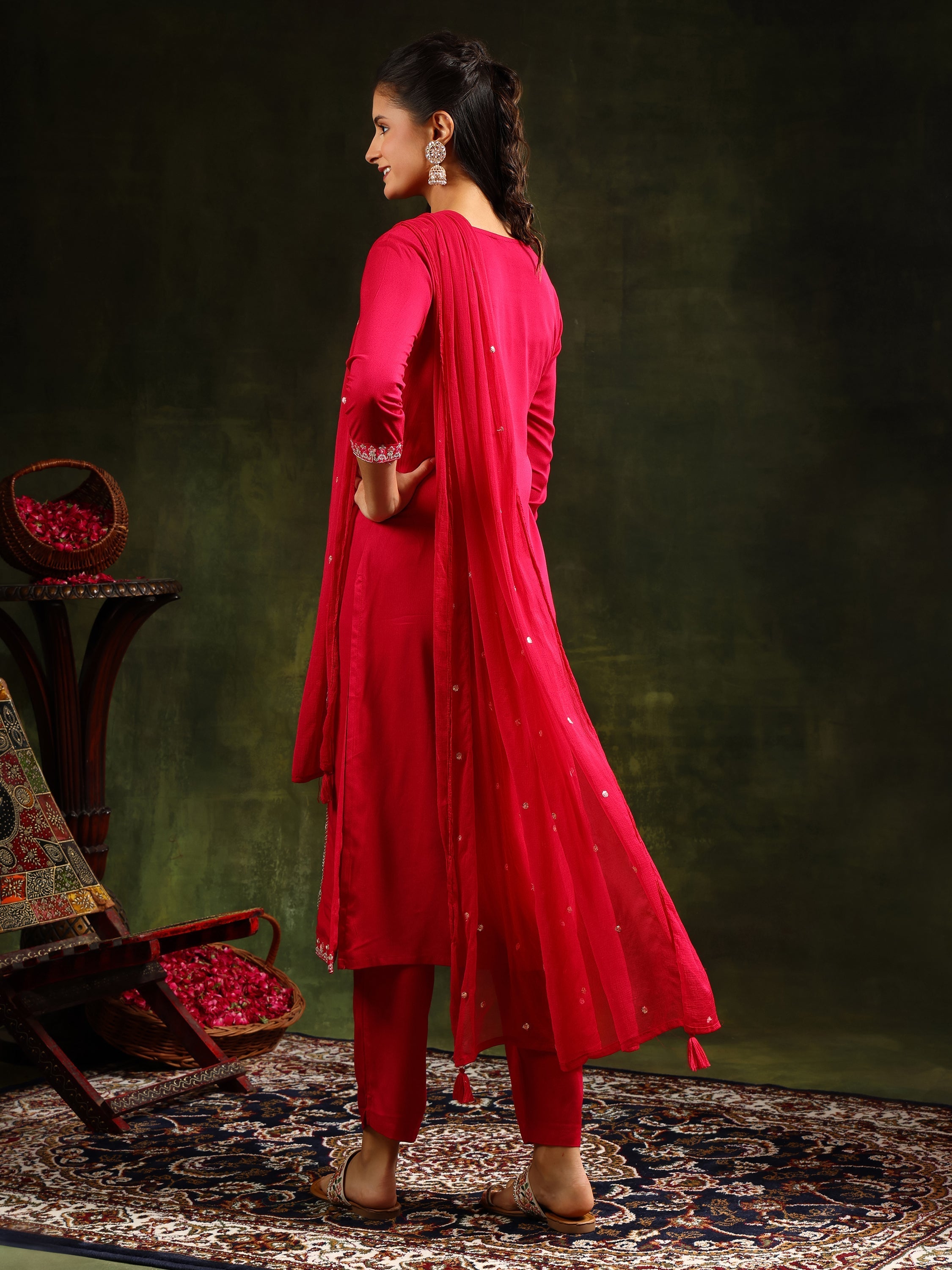 Mirror Embroidered Kurta With Pant & Sequined Embroidered Dupatta, Rani - Hiral Fashion - Distacart