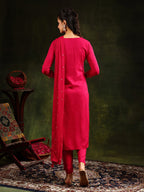 Mirror Embroidered Kurta With Pant & Sequined Embroidered Dupatta, Rani - Hiral Fashion - Distacart