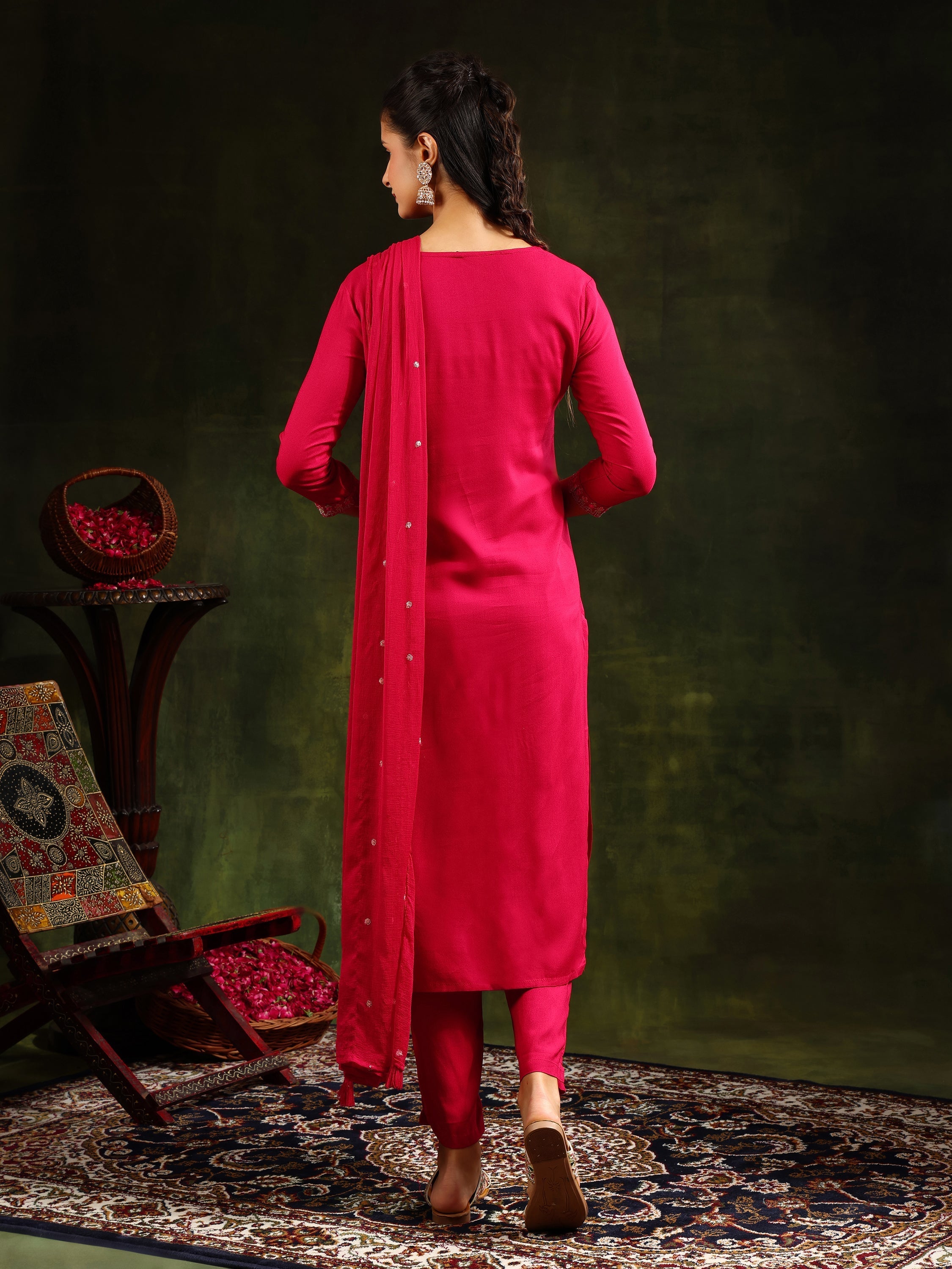 Mirror Embroidered Kurta With Pant & Sequined Embroidered Dupatta, Rani - Hiral Fashion - Distacart