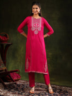Mirror Embroidered Kurta With Pant & Sequined Embroidered Dupatta, Rani - Hiral Fashion - Distacart