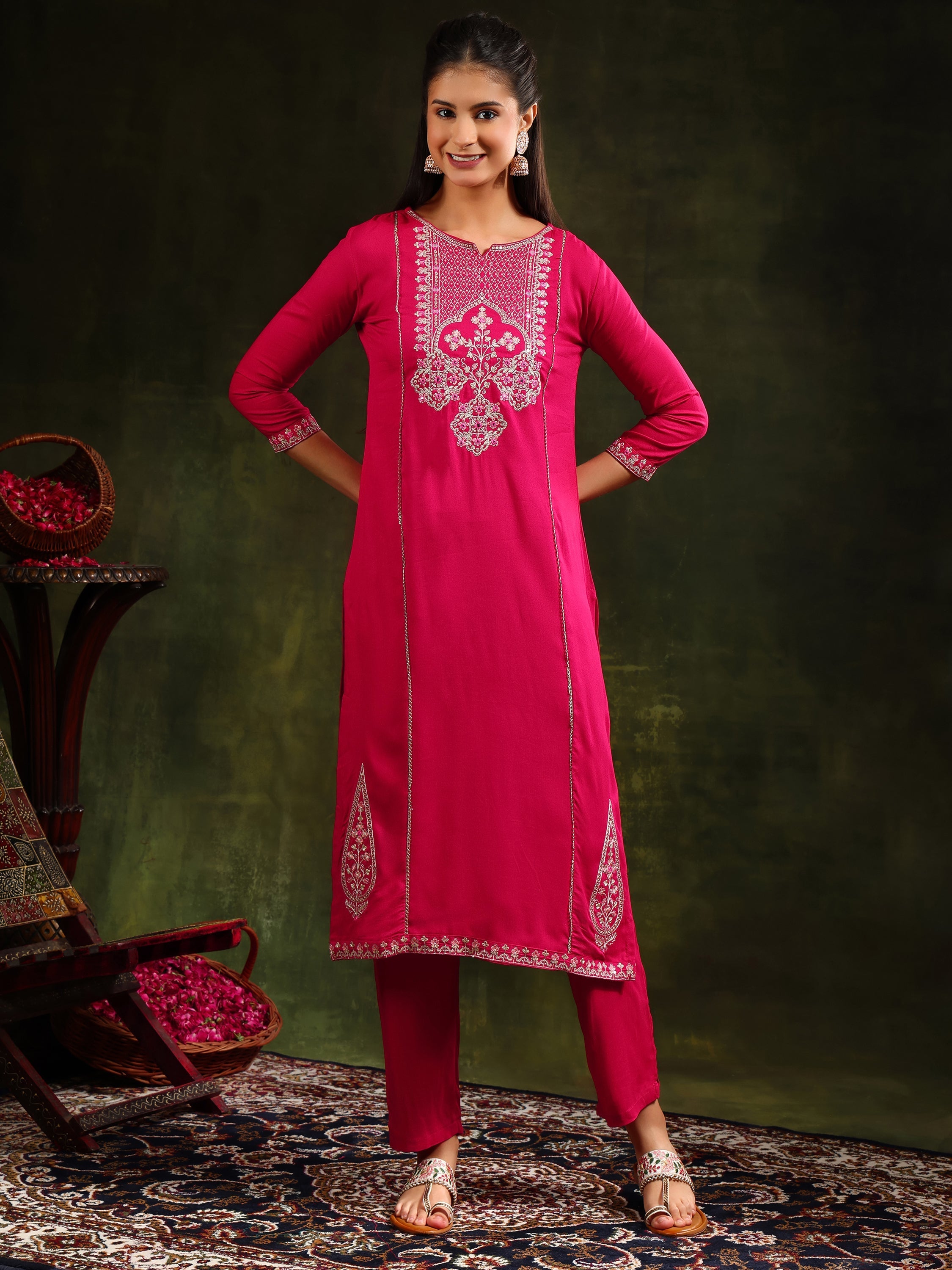 Mirror Embroidered Kurta With Pant & Sequined Embroidered Dupatta, Rani - Hiral Fashion - Distacart
