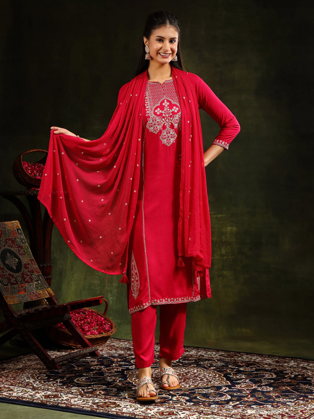 Mirror Embroidered Kurta With Pant & Sequined Embroidered Dupatta, Rani - Hiral Fashion - Distacart