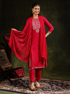 Mirror Embroidered Kurta With Pant & Sequined Embroidered Dupatta, Rani - Hiral Fashion - Distacart