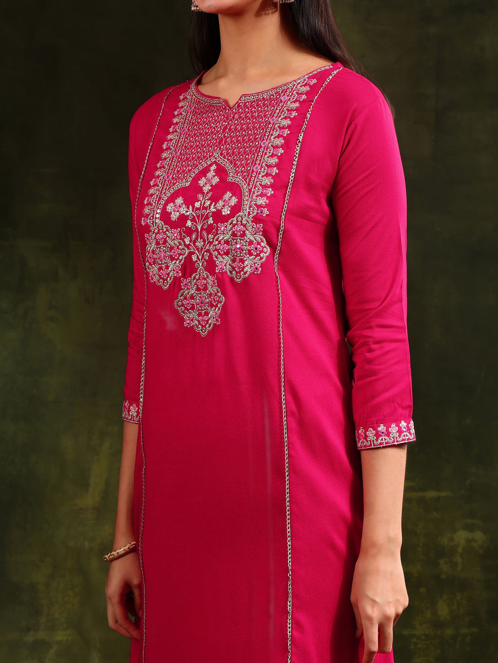 Mirror Embroidered Kurta With Pant & Sequined Embroidered Dupatta, Rani - Hiral Fashion - Distacart