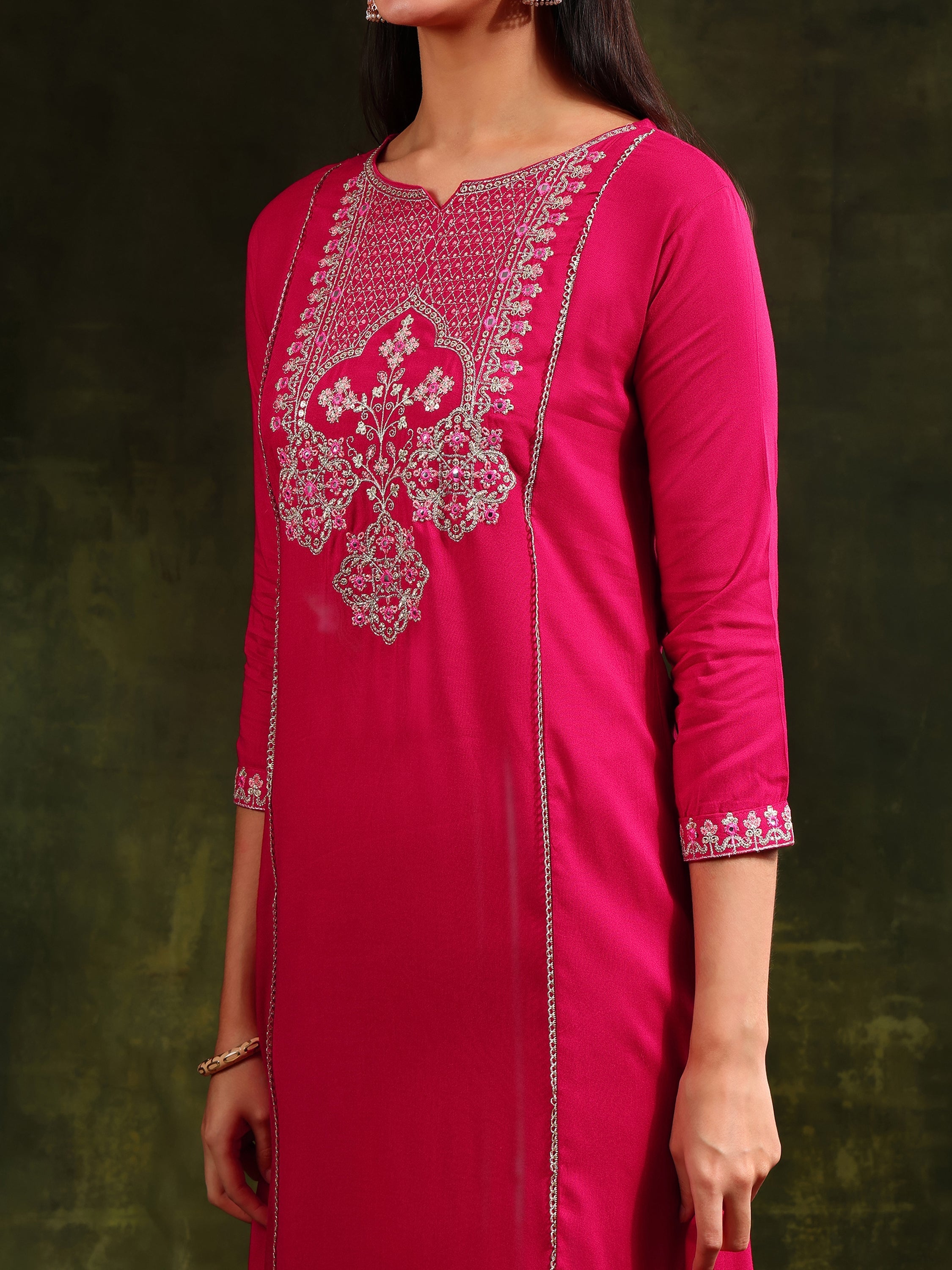 Mirror Embroidered Kurta With Pant & Sequined Embroidered Dupatta, Rani - Hiral Fashion - Distacart