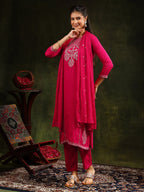 Mirror Embroidered Kurta With Pant & Sequined Embroidered Dupatta, Rani - Hiral Fashion - Distacart