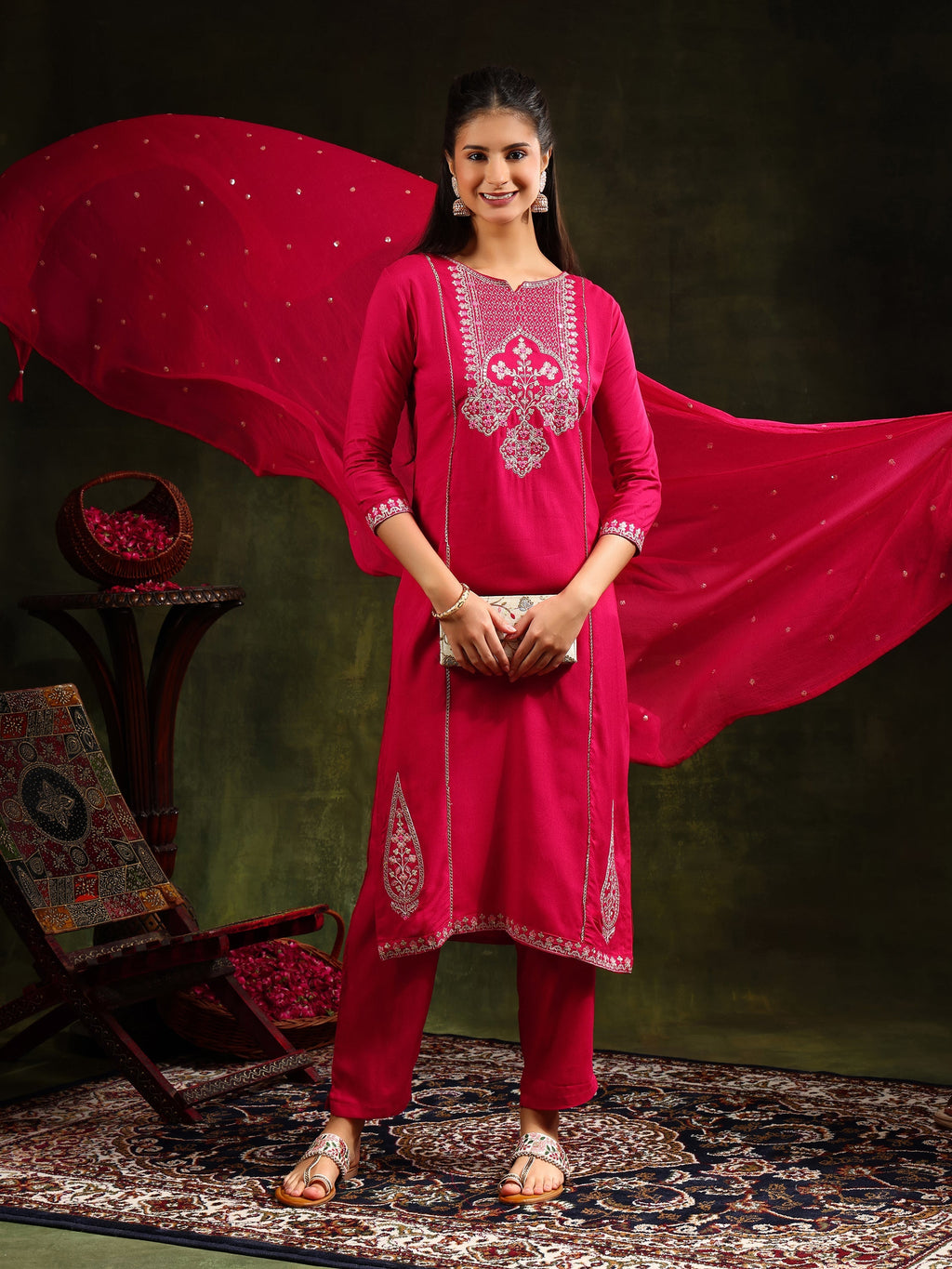 Mirror Embroidered Kurta With Pant & Sequined Embroidered Dupatta, Rani - Hiral Fashion - Distacart