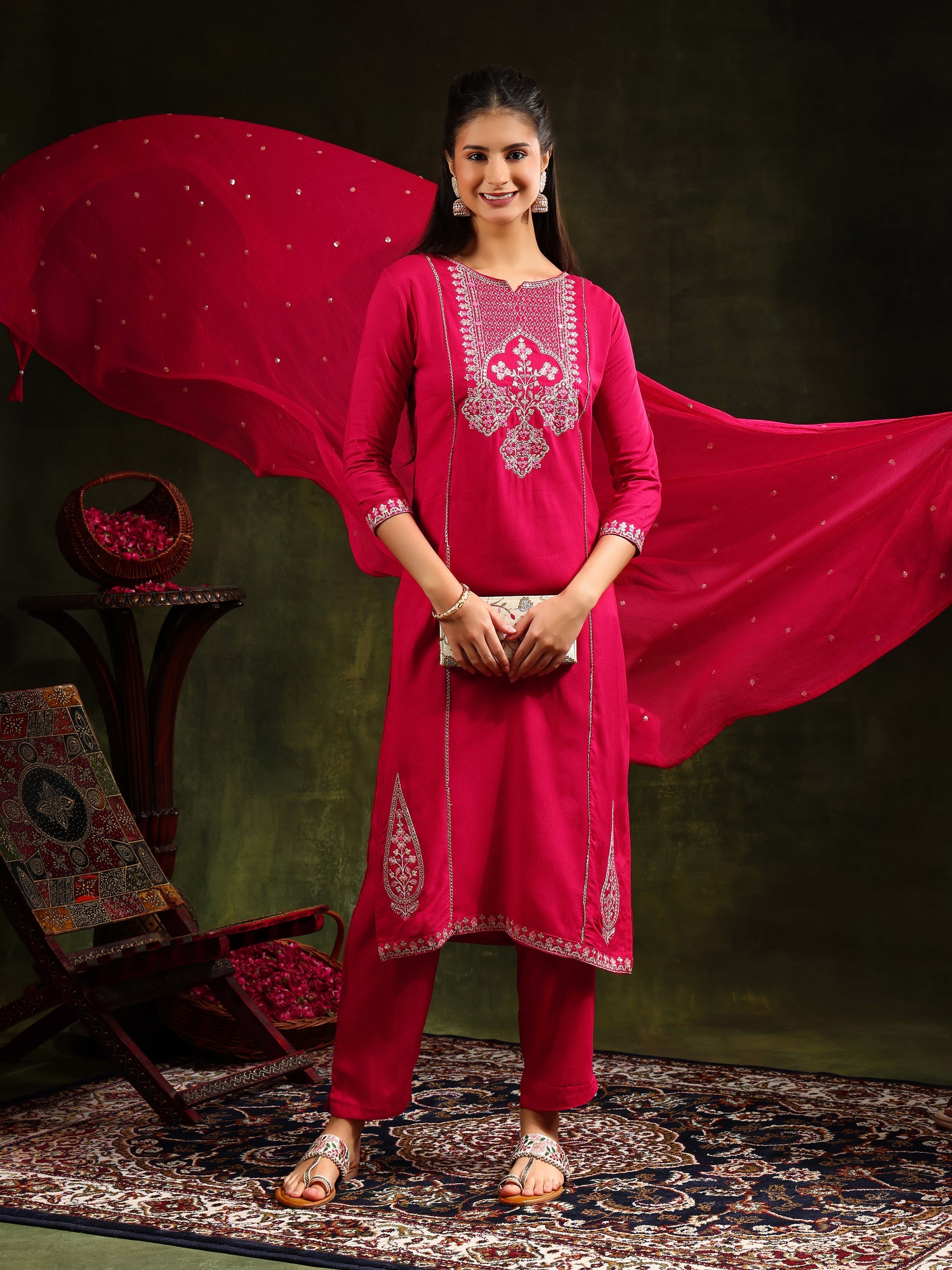 Mirror Embroidered Kurta With Pant & Sequined Embroidered Dupatta, Rani - Hiral Fashion - Distacart