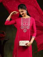 Mirror Embroidered Kurta With Pant & Sequined Embroidered Dupatta, Rani - Hiral Fashion - Distacart
