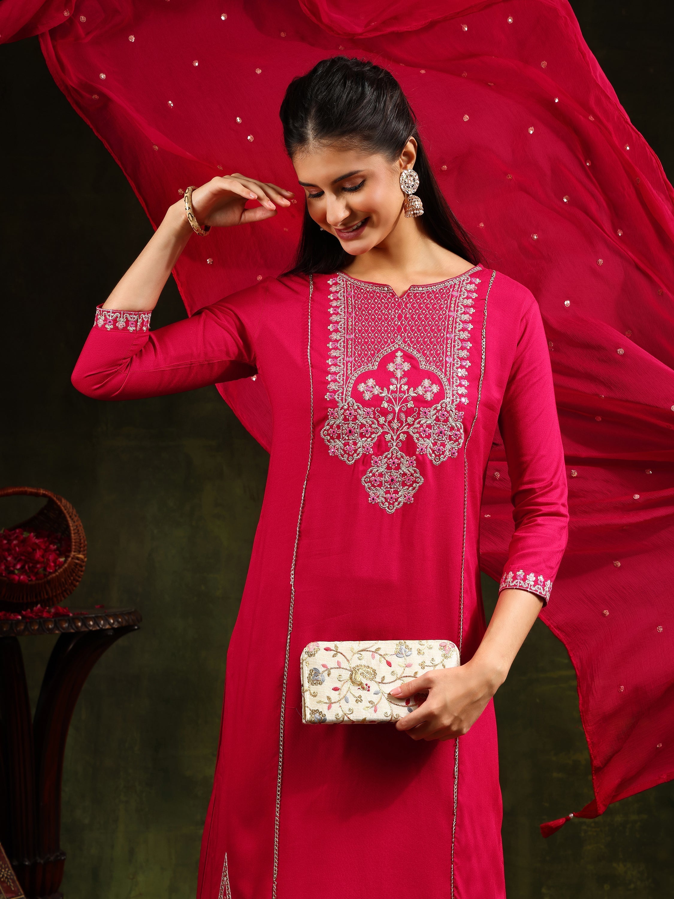 Mirror Embroidered Kurta With Pant & Sequined Embroidered Dupatta, Rani - Hiral Fashion - Distacart